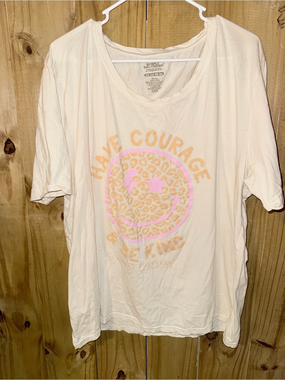 Simply Southern Cream Tee with Pink & Peach Leopard Smiley Graphic